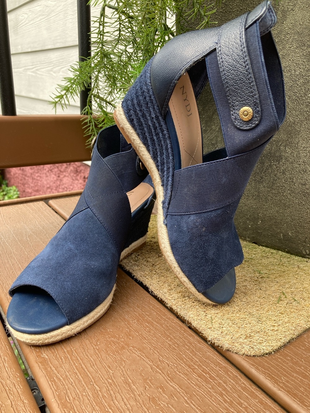 NYDJ Size 7.5 Charisma navy espadrille peep toe wedge sandals